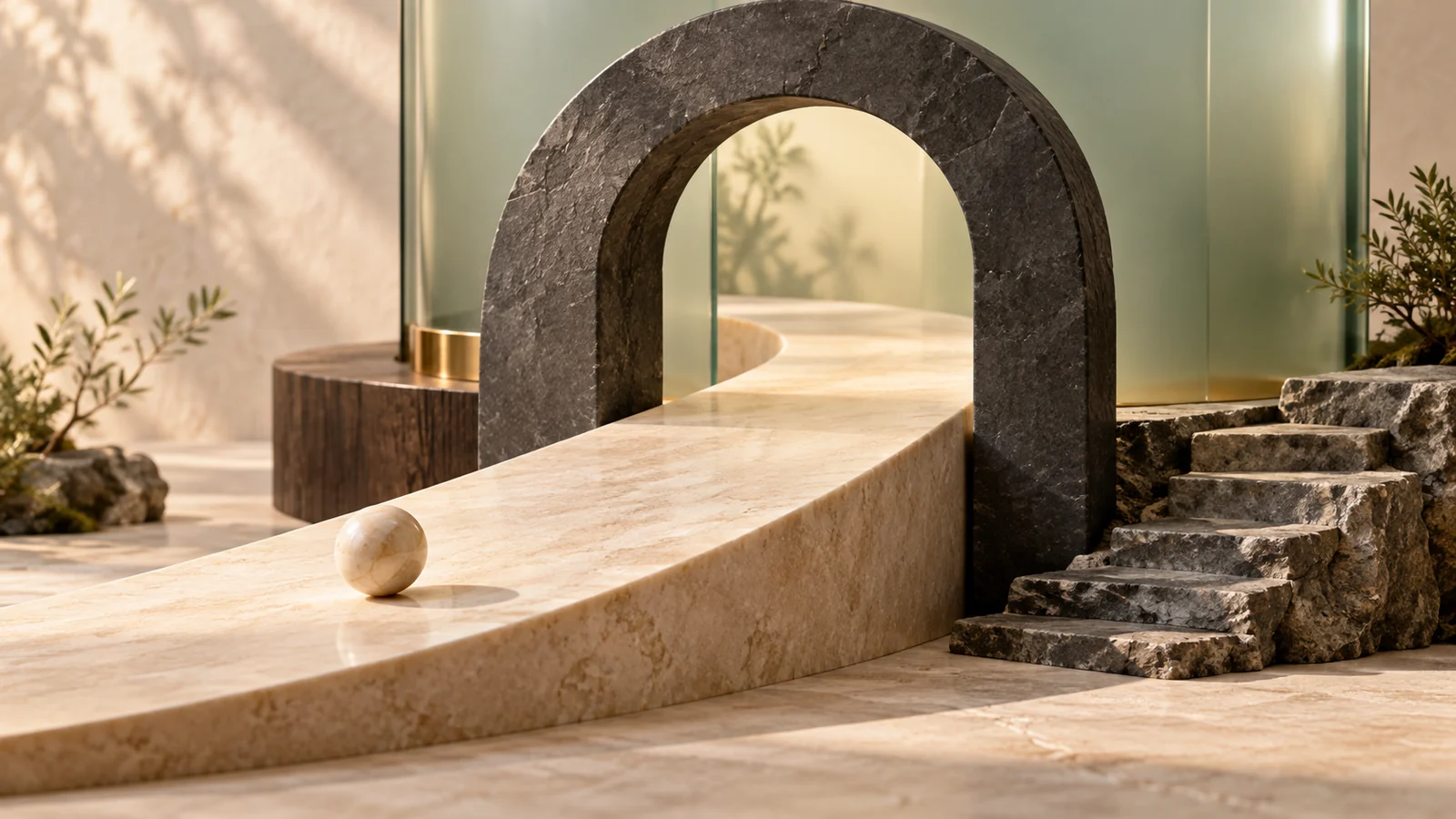 Breite helle Rampe durch einen dunklen Steinbogen neben einer schmalen Treppe