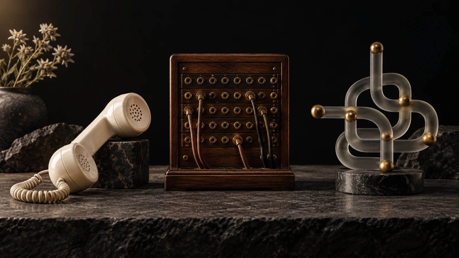 Telefonhörer, Vermittlungstafel und Glasskulptur als drei Wege der Anrufannahme