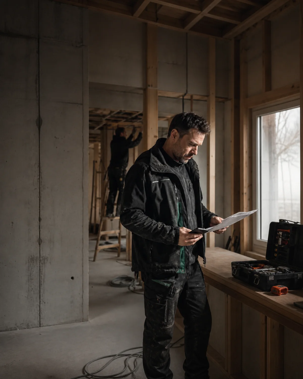 Handwerker auf einer Baustelle prüft einen Auftrag und sein Telefon
